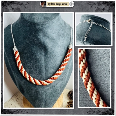 Terracotta and Cream Spiral Kumihimo Braid Necklace Real Silver, With extension chain.