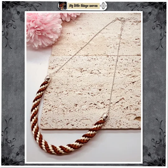 Terracotta and Cream Spiral Kumihimo Braid Necklace Real Silver, With extension chain.
