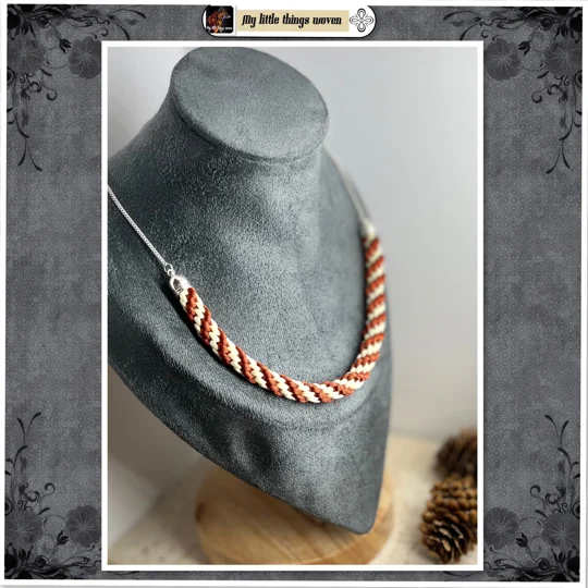 Terracotta and Cream Spiral Kumihimo Braid Necklace Real Silver, With extension chain.