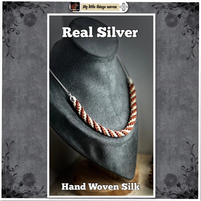 Terracotta and Cream Spiral Kumihimo Braid Necklace Real Silver, With extension chain.