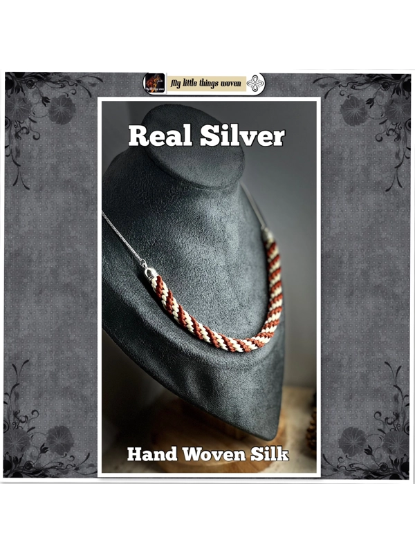 Terracotta and Cream Spiral Kumihimo Braid Necklace Real Silver, With extension chain.