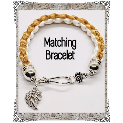 2 Piece Set Beige & White Necklace & Bracelet Leaf Theme Square SILK Kumihimo Braid, Silver