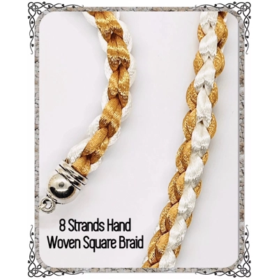 2 Piece Set Beige & White Necklace & Bracelet Leaf Theme Square SILK Kumihimo Braid, Silver