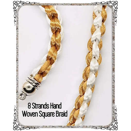 2 Piece Set Beige & White Necklace & Bracelet Leaf Theme Square SILK Kumihimo Braid, Silver