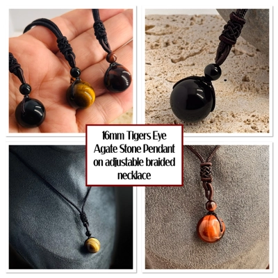 16mm Tiger Eye Agate Stone Bead Pendant Adjustable length