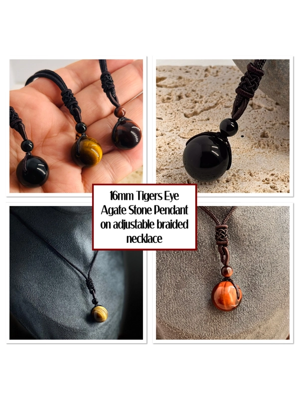 16mm Tiger Eye Agate Stone Bead Pendant Adjustable length