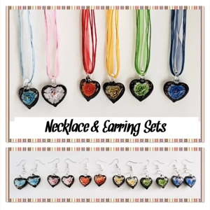 Murano Lampwork Glass Heart Pendant & Necklace and Earrings Jewellery Set