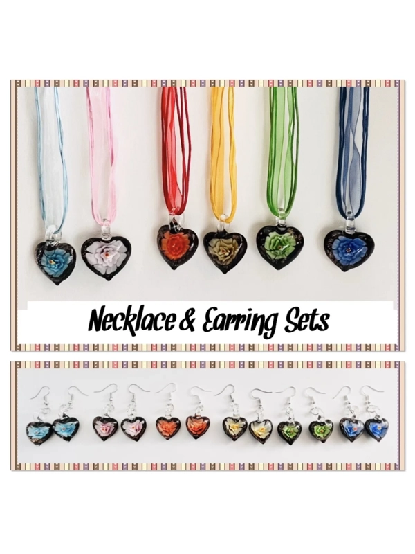 Murano Lampwork Glass Heart Pendant & Necklace and Earrings Jewellery Set