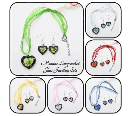 Murano Lampwork Glass Heart Pendant & Necklace and Earrings Jewellery Set