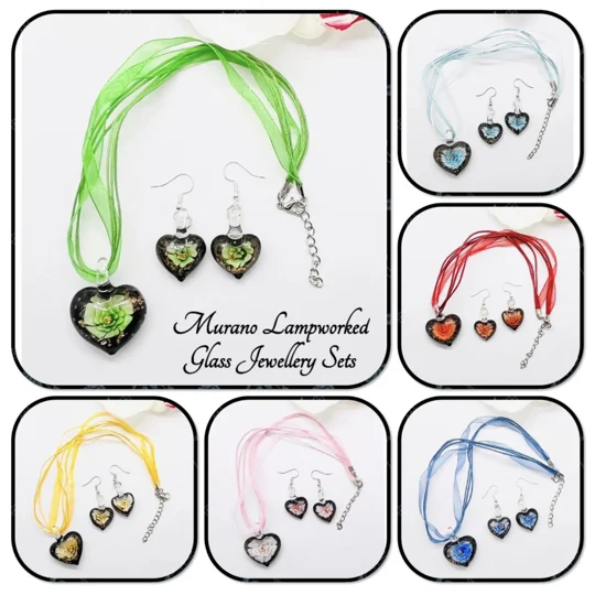 Murano Lampwork Glass Heart Pendant & Necklace and Earrings Jewellery Set