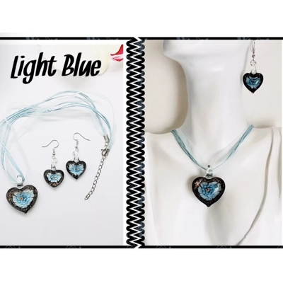 Murano Lampwork Glass Heart Pendant & Necklace and Earrings Jewellery Set