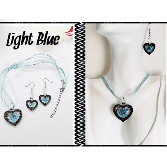 Murano Lampwork Glass Heart Pendant & Necklace and Earrings Jewellery Set