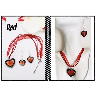 Murano Lampwork Glass Heart Pendant & Necklace and Earrings Jewellery Set