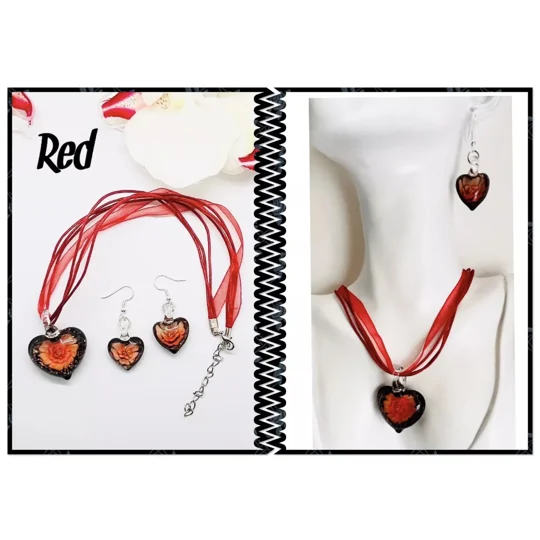 Murano Lampwork Glass Heart Pendant & Necklace and Earrings Jewellery Set
