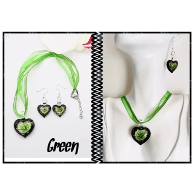 Murano Lampwork Glass Heart Pendant & Necklace and Earrings Jewellery Set