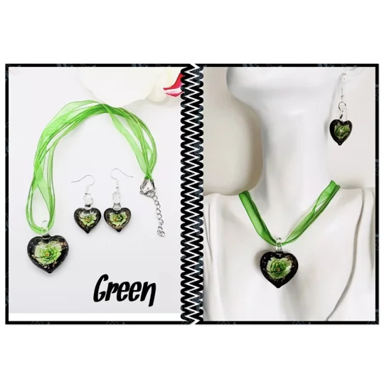 Murano Lampwork Glass Heart Pendant & Necklace and Earrings Jewellery Set