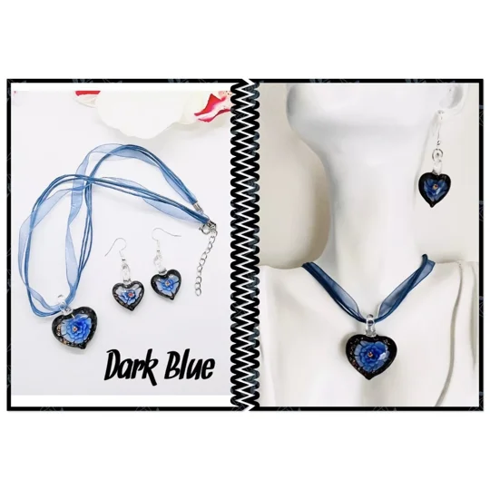 Murano Lampwork Glass Heart Pendant & Necklace and Earrings Jewellery Set