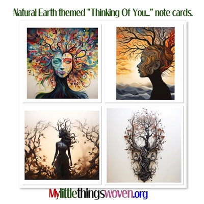 Pack of 4 Natural Earth Theme Thinking Of You Note Cards, Blank Inside, Handmade,