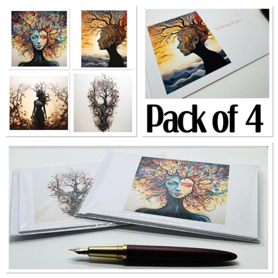 Pack of 4 Natural Earth Theme Thinking Of You Note Cards, Blank Inside, Handmade,