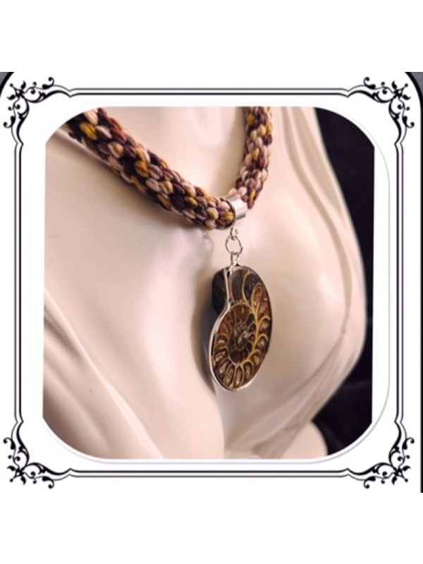 Ammonite necklace on brown multicoloured kumihimo braided necklace
