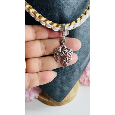 2 Piece Set Beige & White Necklace & Bracelet Leaf Theme Square SILK Kumihimo Braid, Silver