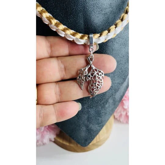 2 Piece Set Beige & White Necklace & Bracelet Leaf Theme Square SILK Kumihimo Braid, Silver
