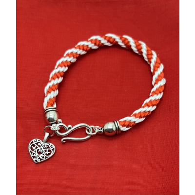 Red And White Spiral Braid Necklace & Bracelet Set With Love Heart Theme Silver
