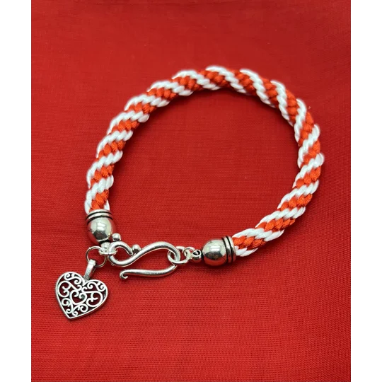 Red And White Spiral Braid Necklace & Bracelet Set With Love Heart Theme Silver