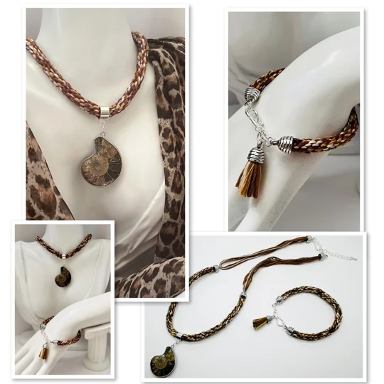 Brown Ammonite Fossil Necklace & Pendant + Bracelet 2 piece set Handmade Brown Multi