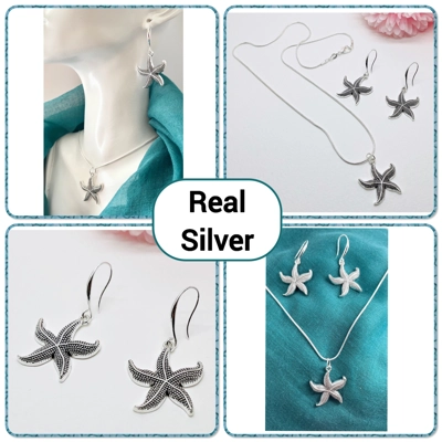 Starfish Pendant Necklace & Earrings Jewellery Set Real Silver 925 Handmade NEW