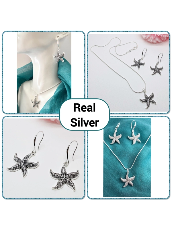 Starfish Pendant Necklace & Earrings Jewellery Set Real Silver 925 Handmade NEW