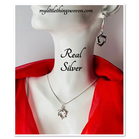 Dolphins Pendant Necklace And Earrings Jewellery Set Real Silver