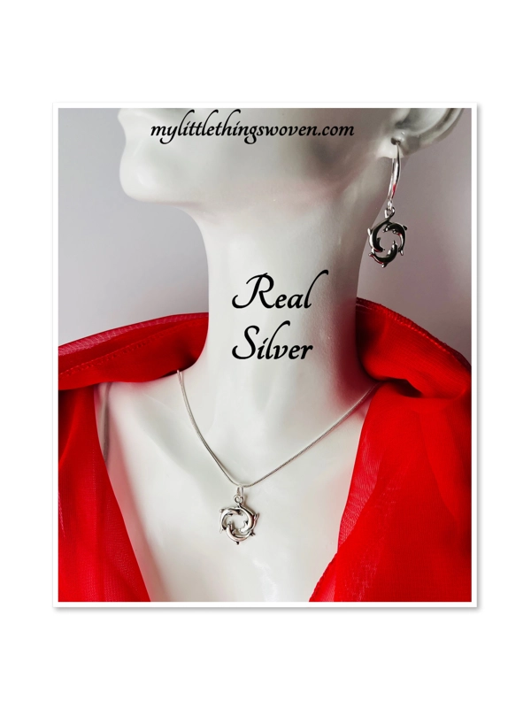 Dolphins Pendant Necklace And Earrings Jewellery Set Real Silver