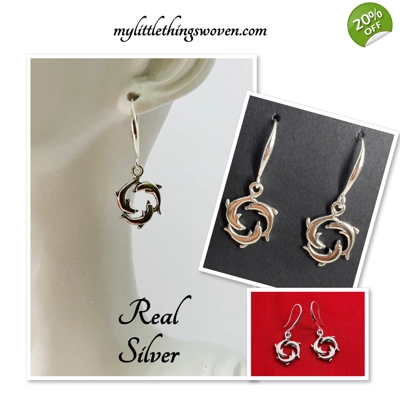 Silver Dolphins Swimming Earrings, for pierced ears.Silver 925 NEW, Handmade