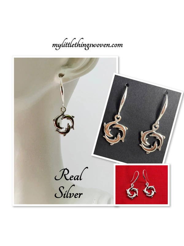 Silver Dolphins Swimming Earrings, for pierced ears.Silver 925 NEW, Handmade