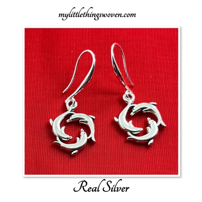 Silver Dolphins Swimming Earrings, for pierced ears.Silver 925 NEW, Handmade