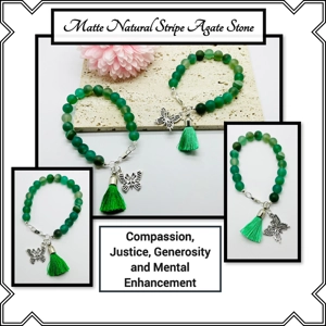 Green Striped Agate Natural Stone Bead Bracelet + tassel a..