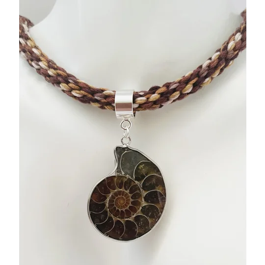 Ammonite Fossil Jewellery Set, Kumihimo Braid, Handmade, Brown/Silver