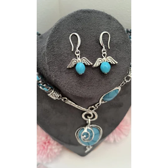 Turquoise Blue Necklace & Pendant + Bracelet + Earrings 3 piece set Handmade