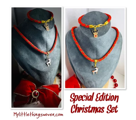 Red Christmas Reindeer Silk Necklace & Pendant + Bracelet 2 piece set Handmade