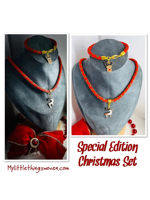 Red Christmas Reindeer Silk Necklace & Pendant + Bracelet 2 piece set Handmade
