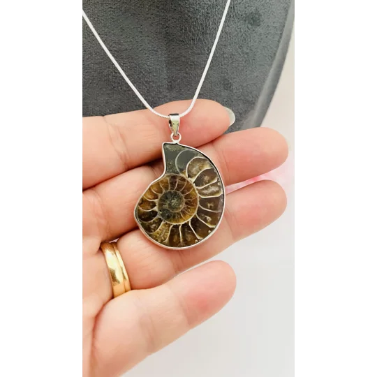 Real Ammonite Stone Fossil Necklace & Pendant, Stirling Silver & Silver Plating.