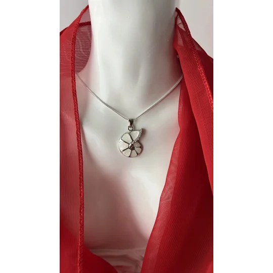 White Simulated Opal Ammonite Necklace & Pendant, Stirling Silver, 20"