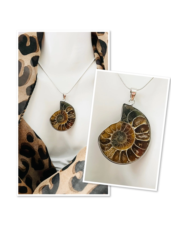 Real Ammonite Stone Fossil Necklace & Pendant, Stirling Silver & Silver Plating.
