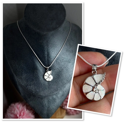 White Simulated Opal Ammonite Necklace & Pendant, Stirling Silver, 20"