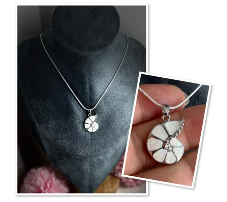White Simulated Opal Ammonite Necklace & Pendant, Stirling Silver, 20"