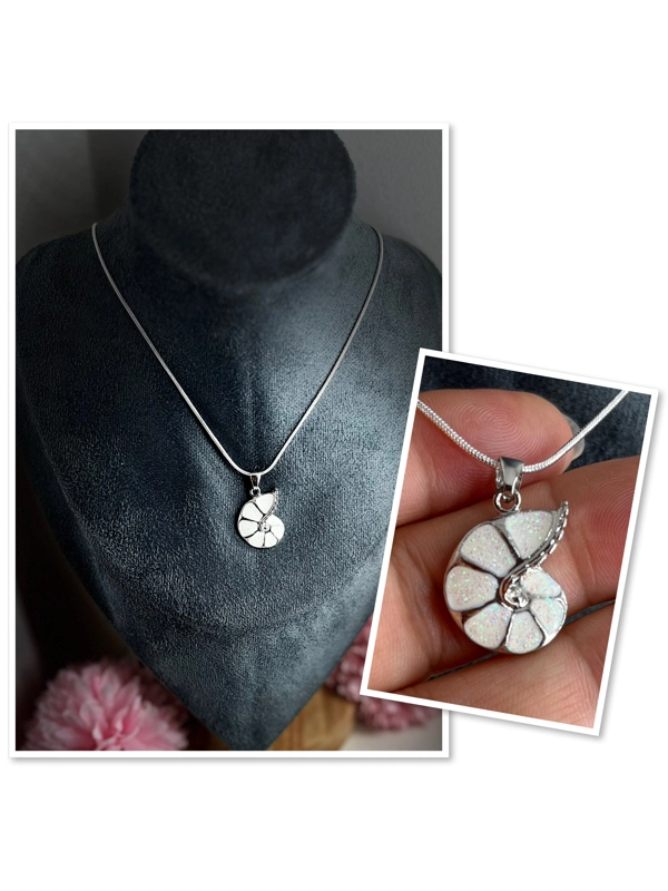 White Simulated Opal Ammonite Necklace & Pendant, Stirling Silver, 20"