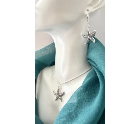 Starfish Pendant Necklace & Earrings Jewellery Set Real Silver 925 Handmade NEW