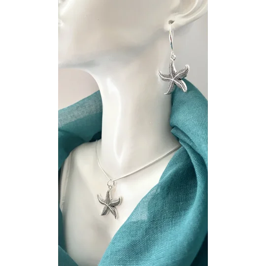 Starfish Pendant Necklace & Earrings Jewellery Set Real Silver 925 Handmade NEW