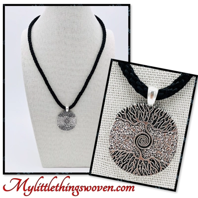 Tree of Life Necklace & Pendant Black Kumihimo Braided Cord Silver Adjustable 18" - 20" long